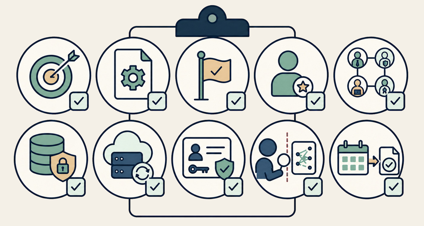 Visueller Kurzcheck f&uuml;r eine KI-Checkliste in sozialen Organisationen mit zehn Pr&uuml;fpunkten zu Ziel, Toolzweck, Leitplanken, Verantwortung, Rollen, Datenschutz, Systemumgebung, Zugriffsrechten, Nutzungsszenario und Auswertung