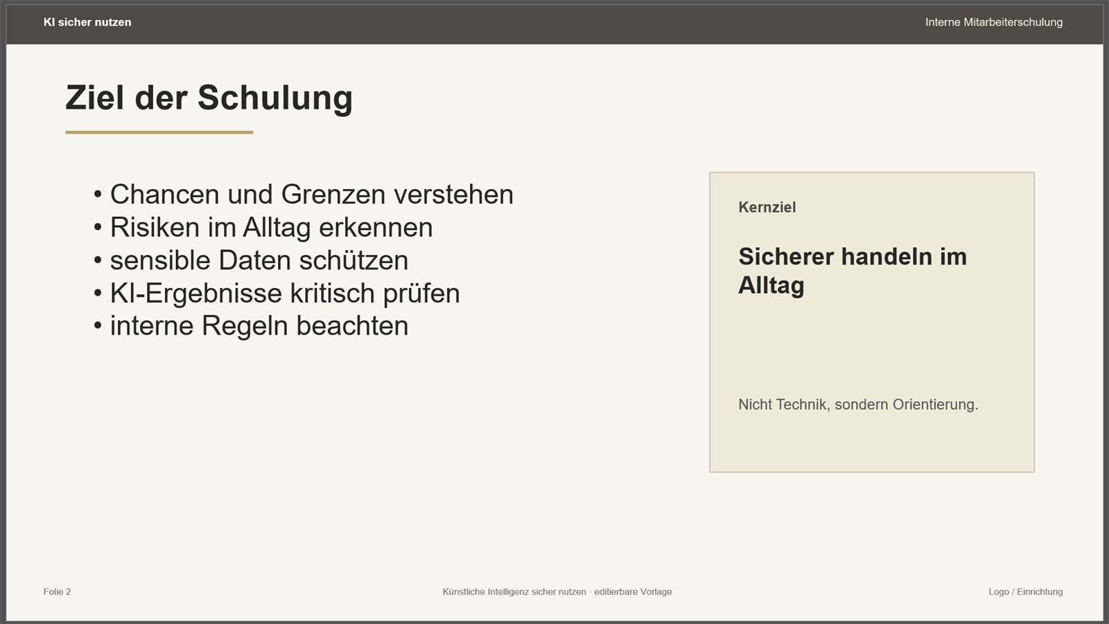 Bearbeitbare PowerPoint-Präsentation der Mitarbeiterschulung Künstliche Intelligenz sicher nutzen für soziale Einrichtungen