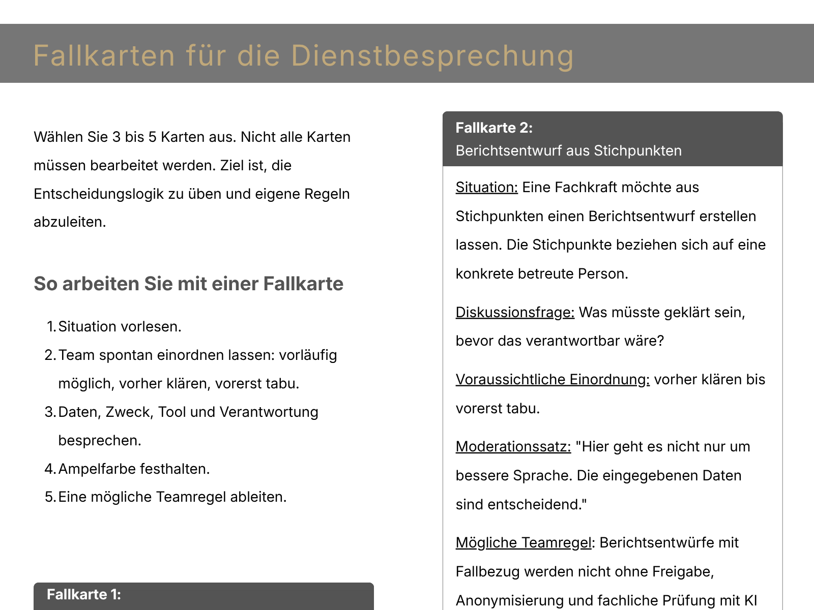 Vorschau der Fallkarten für eine Dienstbesprechung zum verantwortungsvollen Umgang mit KI
