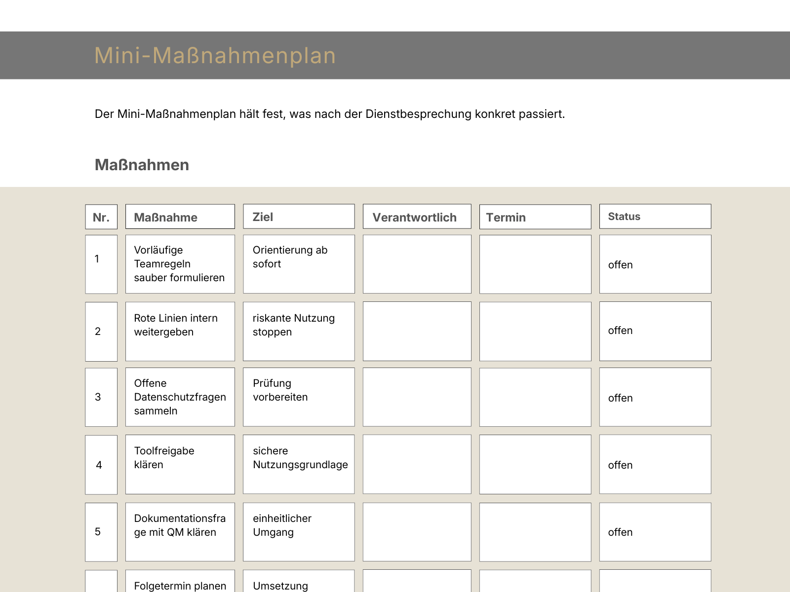 Vorschau eines Mini-Maßnahmenplans mit Maßnahmen, Zielen, Verantwortlichkeiten, Terminen und Status